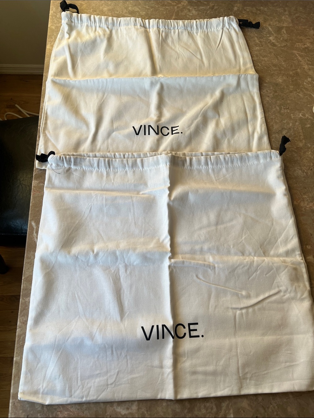 Vince White Drawstring Dust Bags with Black Logo set of 2